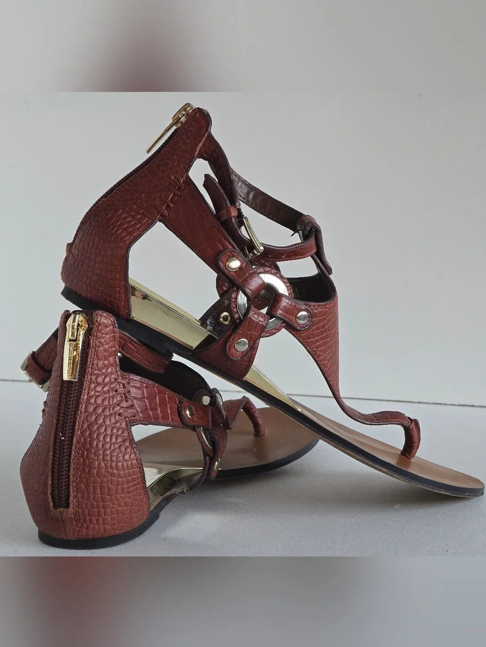 Vince Camuto | Averie Warm Brown Croc-Embossed Sandals with Gold Accents